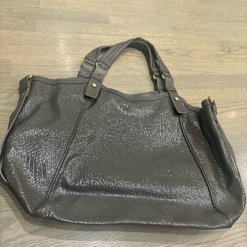 Marc By Marc Jacobs Turnlock Shine Fran XL Tote Bag Patent Gray Leather Brown - Picture 6 of 12